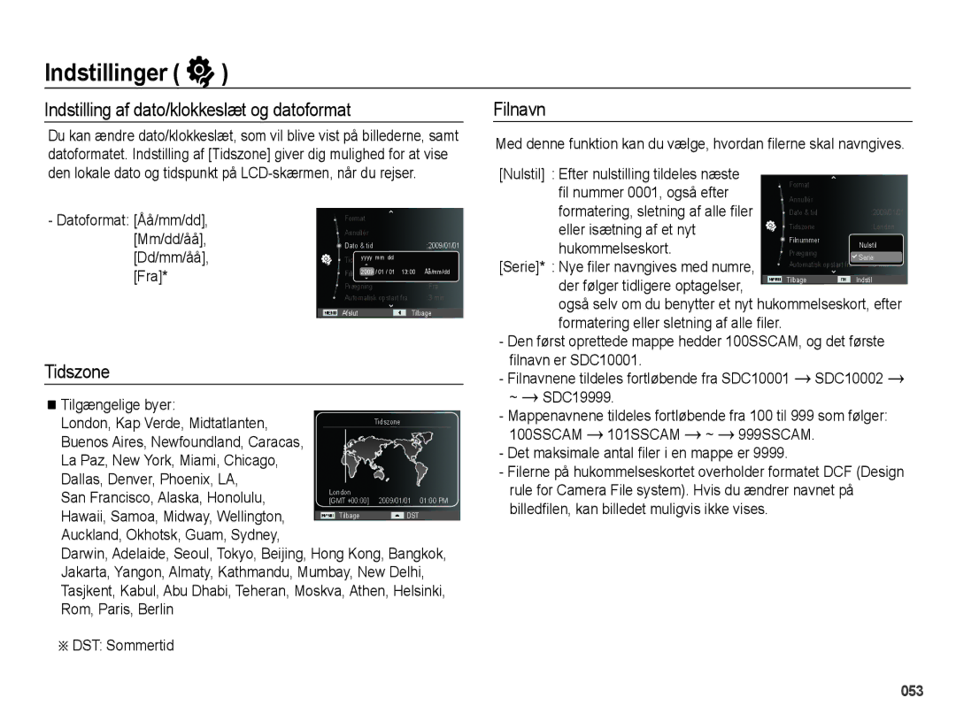 Samsung EC-PL50ZSBP/E2, EC-PL50ZABP/E2, EC-PL50ZBBP/E2 manual Indstilling af dato/klokkeslæt og datoformat, Tidszone, Filnavn 