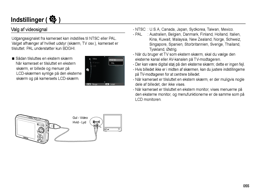 Samsung EC-PL50ZABP/E2, EC-PL50ZBBP/E2 manual Valg af videosignal, Ntsc U.S.A, Canada, Japan, Sydkorea, Taiwan, Mexico 