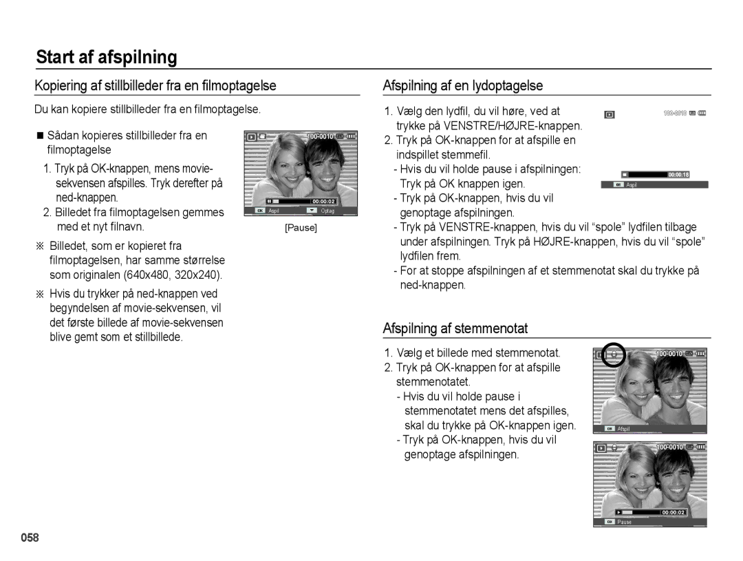 Samsung EC-PL50ZPBP/E2 Start af afspilning, Kopiering af stillbilleder fra en ﬁlmoptagelse, Afspilning af en lydoptagelse 