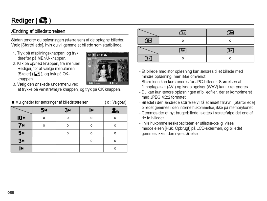 Samsung EC-PL50ZPBP/E2, EC-PL50ZABP/E2, EC-PL50ZBBP/E2, EC-PL50ZSBP/E2 manual Rediger, Ændring af billedstørrelsen 