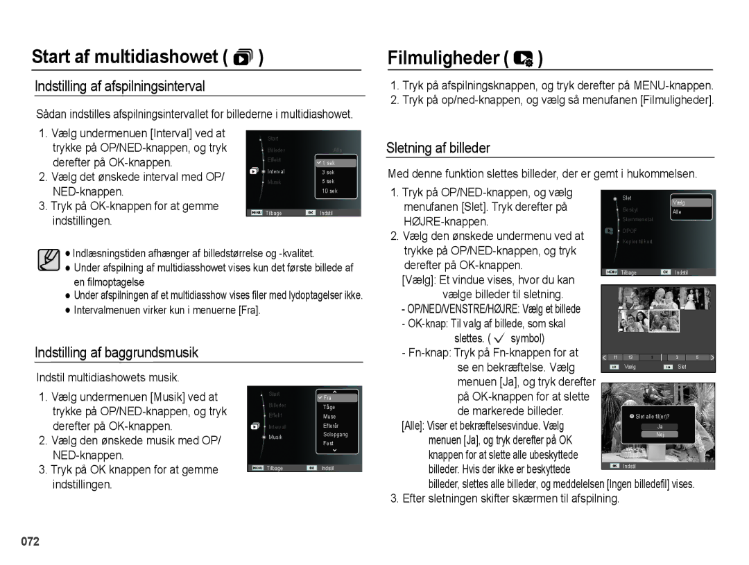 Samsung EC-PL50ZBBP/E2 Filmuligheder, Indstilling af afspilningsinterval, Sletning af billeder, Se en bekræftelse. Vælg 