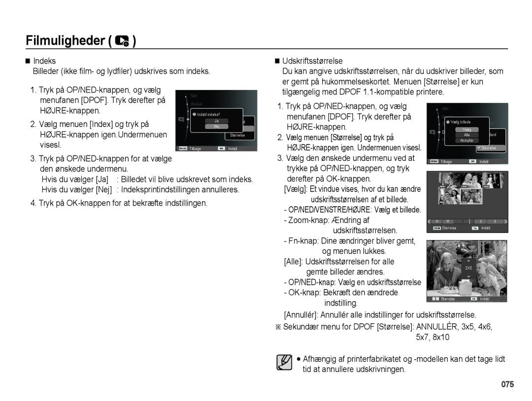 Samsung EC-PL50ZABP/E2, EC-PL50ZBBP/E2, EC-PL50ZSBP/E2 Tilgængelig med Dpof 1.1-kompatible printere HØJRE-knappen, Visesl 