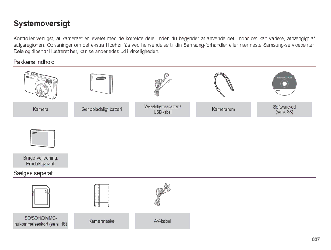 Samsung EC-PL50ZABP/E2, EC-PL50ZBBP/E2, EC-PL50ZSBP/E2, EC-PL50ZPBP/E2 manual Systemoversigt, Pakkens indhold, Sælges seperat 