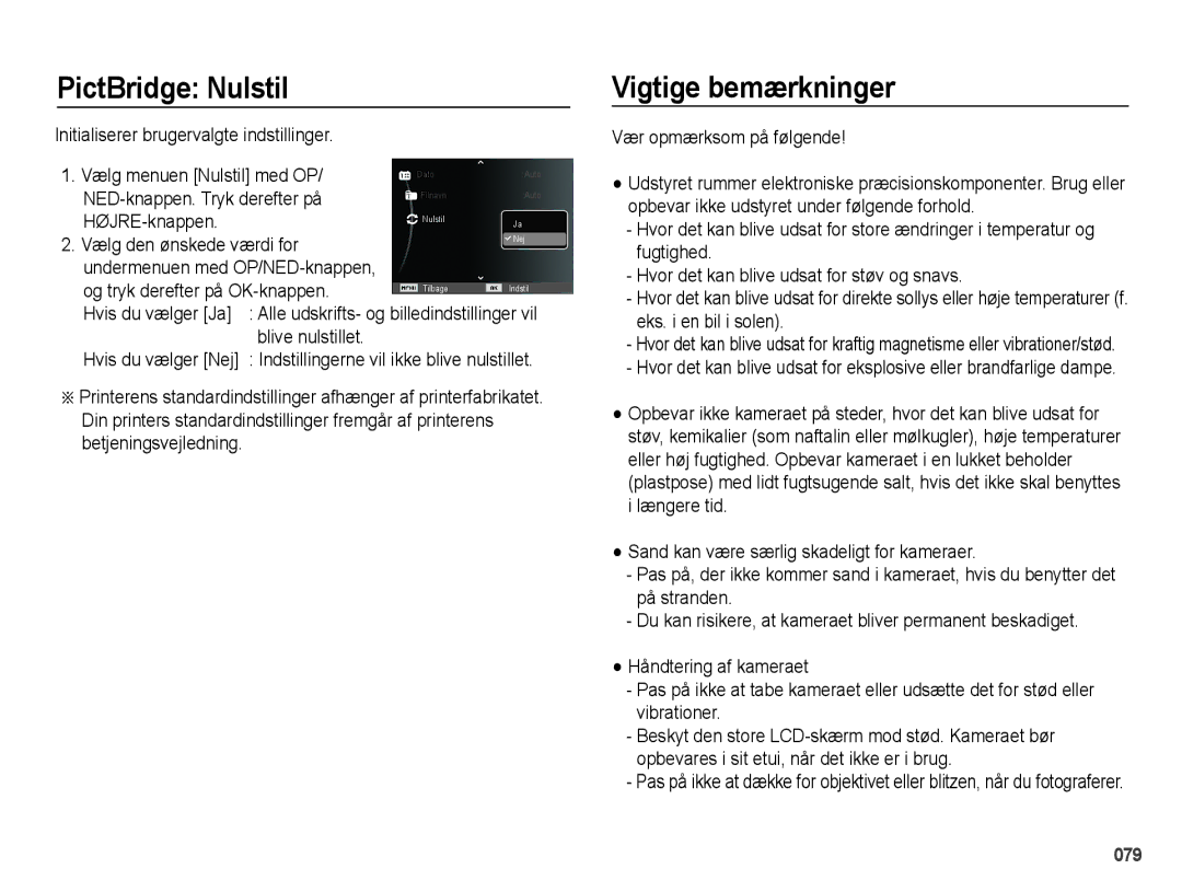 Samsung EC-PL50ZABP/E2, EC-PL50ZBBP/E2, EC-PL50ZSBP/E2, EC-PL50ZPBP/E2 manual PictBridge Nulstil, Vigtige bemærkninger 