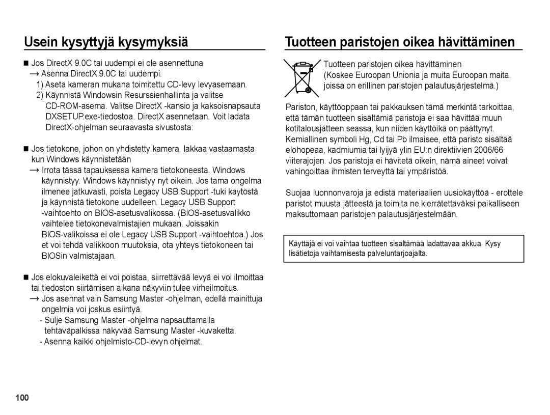 Samsung EC-PL50ZBBP/E2, EC-PL50ZABP/E2 Tuotteen paristojen oikea hävittäminen, Asenna kaikki ohjelmisto-CD-levyn ohjelmat 