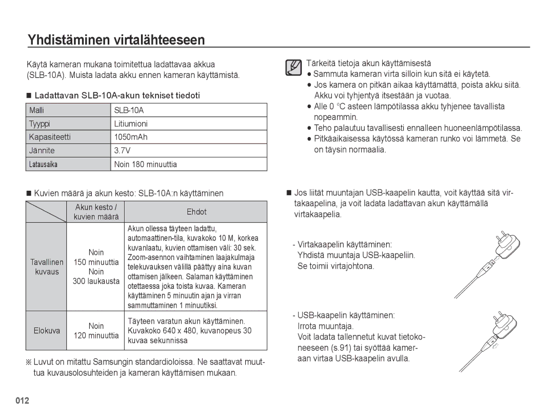 Samsung EC-PL50ZBBP/E2, EC-PL50ZABP/E2 manual Yhdistäminen virtalähteeseen, Ladattavan SLB-10A-akun tekniset tiedoti 