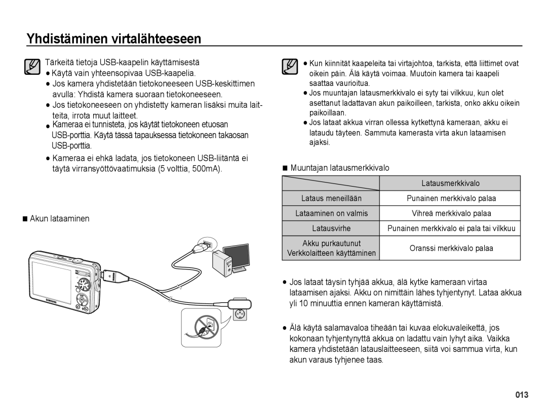 Samsung EC-PL50ZSBP/E2, EC-PL50ZABP/E2, EC-PL50ZBBP/E2 manual Akun lataaminen, Muuntajan latausmerkkivalo, Latausmerkkivalo 