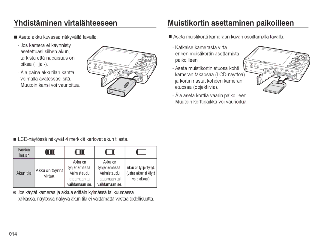 Samsung EC-PL50ZPBP/E2, EC-PL50ZABP/E2 manual Muistikortin asettaminen paikoilleen, Aseta akku kuvassa näkyvällä tavalla 