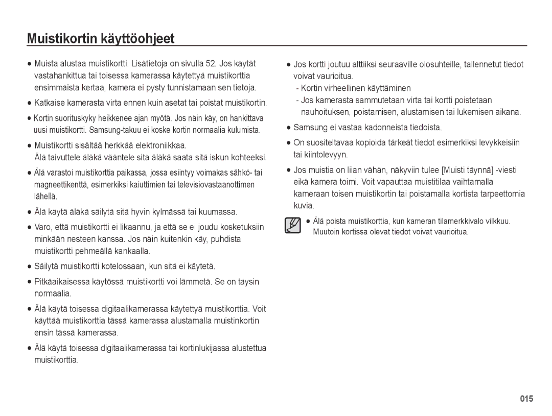 Samsung EC-PL50ZABP/E2, EC-PL50ZBBP/E2 manual Muistikortin käyttöohjeet, Muistikortti sisältää herkkää elektroniikkaa 