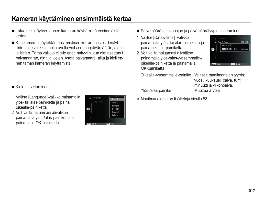 Samsung EC-PL50ZSBP/E2, EC-PL50ZABP/E2 Kameran käyttäminen ensimmäistä kertaa, Kielen asettaminen, Minuutti ja viikonpäivä 