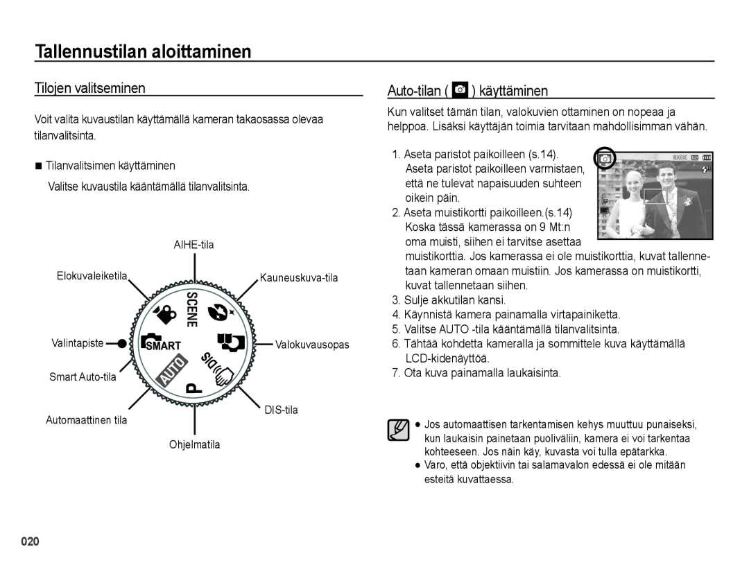 Samsung EC-PL50ZBBP/E2, EC-PL50ZABP/E2 manual Tallennustilan aloittaminen, Tilojen valitseminen, Auto-tilan käyttäminen 