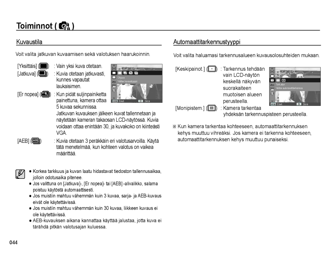 Samsung EC-PL50ZBBP/E2, EC-PL50ZABP/E2, EC-PL50ZSBP/E2, EC-PL50ZPBP/E2 manual Kuvaustila, Automaattitarkennustyyppi 