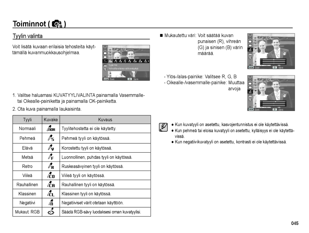 Samsung EC-PL50ZSBP/E2, EC-PL50ZABP/E2 manual Tyylin valinta, Ja sinisen B värin määrää, Ylös-/alas-painike Valitsee R, G, B 