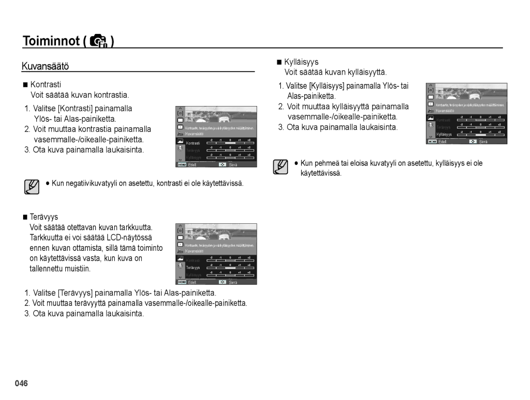 Samsung EC-PL50ZPBP/E2, EC-PL50ZABP/E2 manual Kuvansäätö, Valitse Kylläisyys painamalla Ylös- tai Alas-painiketta, Terävyys 