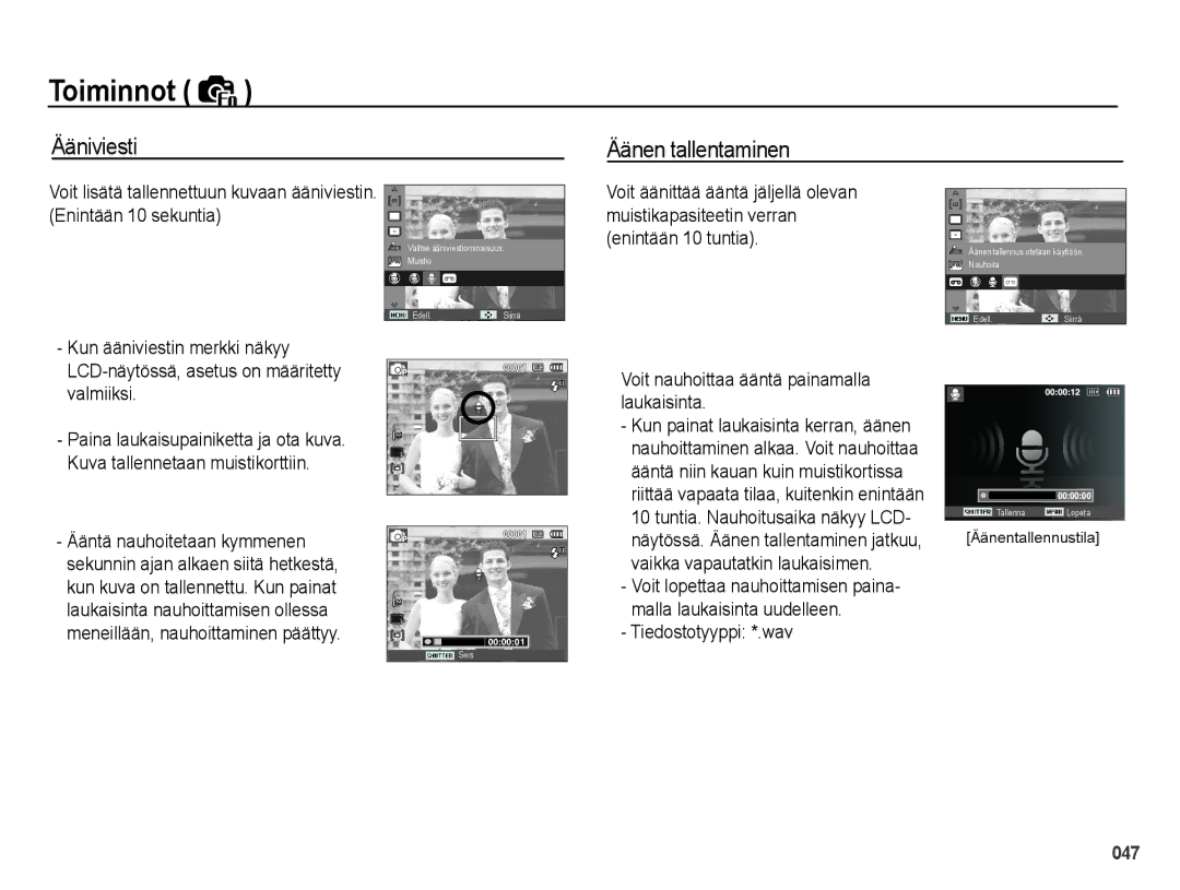 Samsung EC-PL50ZABP/E2, EC-PL50ZBBP/E2, EC-PL50ZSBP/E2, EC-PL50ZPBP/E2 manual Ääniviesti, Äänen tallentaminen 