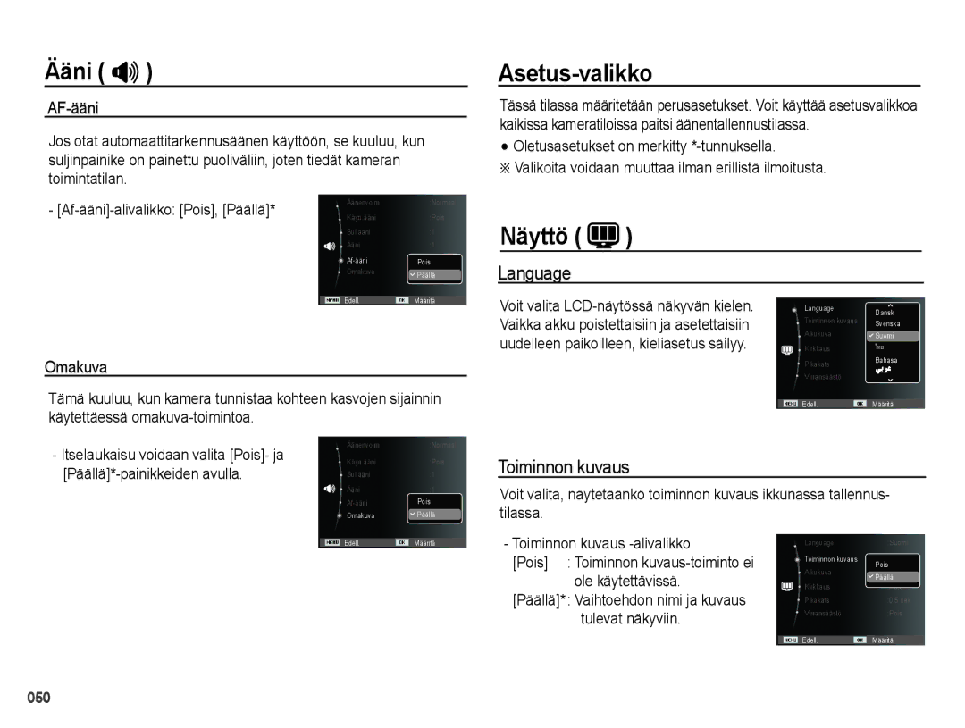 Samsung EC-PL50ZPBP/E2, EC-PL50ZABP/E2, EC-PL50ZBBP/E2 manual Ääni , Asetus-valikko, Näyttö, Language, Toiminnon kuvaus 