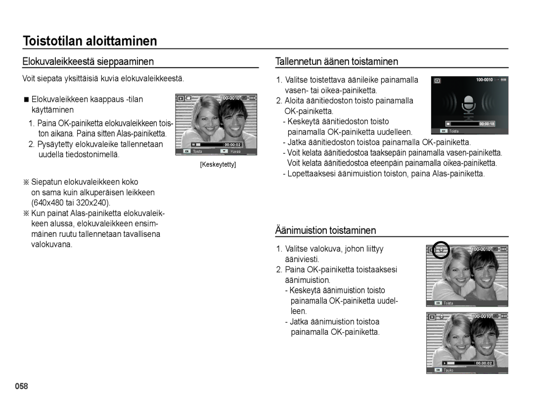 Samsung EC-PL50ZPBP/E2 manual Elokuvaleikkeestä sieppaaminen, Tallennetun äänen toistaminen, Äänimuistion toistaminen 