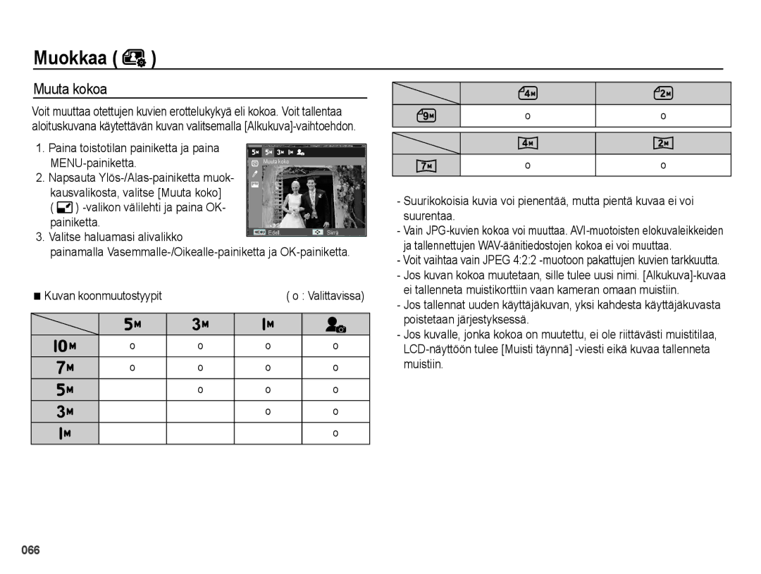 Samsung EC-PL50ZPBP/E2, EC-PL50ZABP/E2, EC-PL50ZBBP/E2, EC-PL50ZSBP/E2 manual Muokkaa, Muuta kokoa 