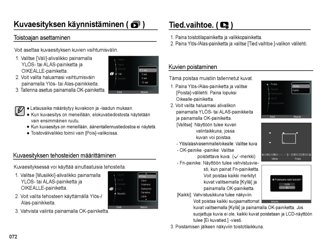 Samsung EC-PL50ZBBP/E2 Tied.vaihtoe, Toistoajan asettaminen, Kuvaesityksen tehosteiden määrittäminen, Kuvien poistaminen 