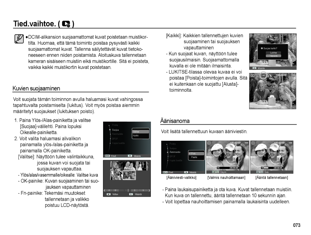 Samsung EC-PL50ZSBP/E2, EC-PL50ZABP/E2 manual Kuvien suojaaminen, Äänisanoma, Voit lisätä tallennettuun kuvaan ääniviestin 