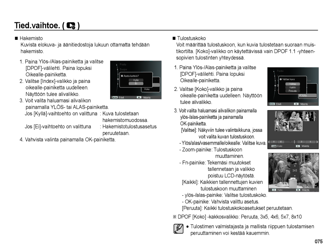 Samsung EC-PL50ZABP/E2 manual Tulostuskoko, DPOF-välilehti. Paina lopuksi, Valitse Index-valikko ja paina, Kuva tulostetaan 