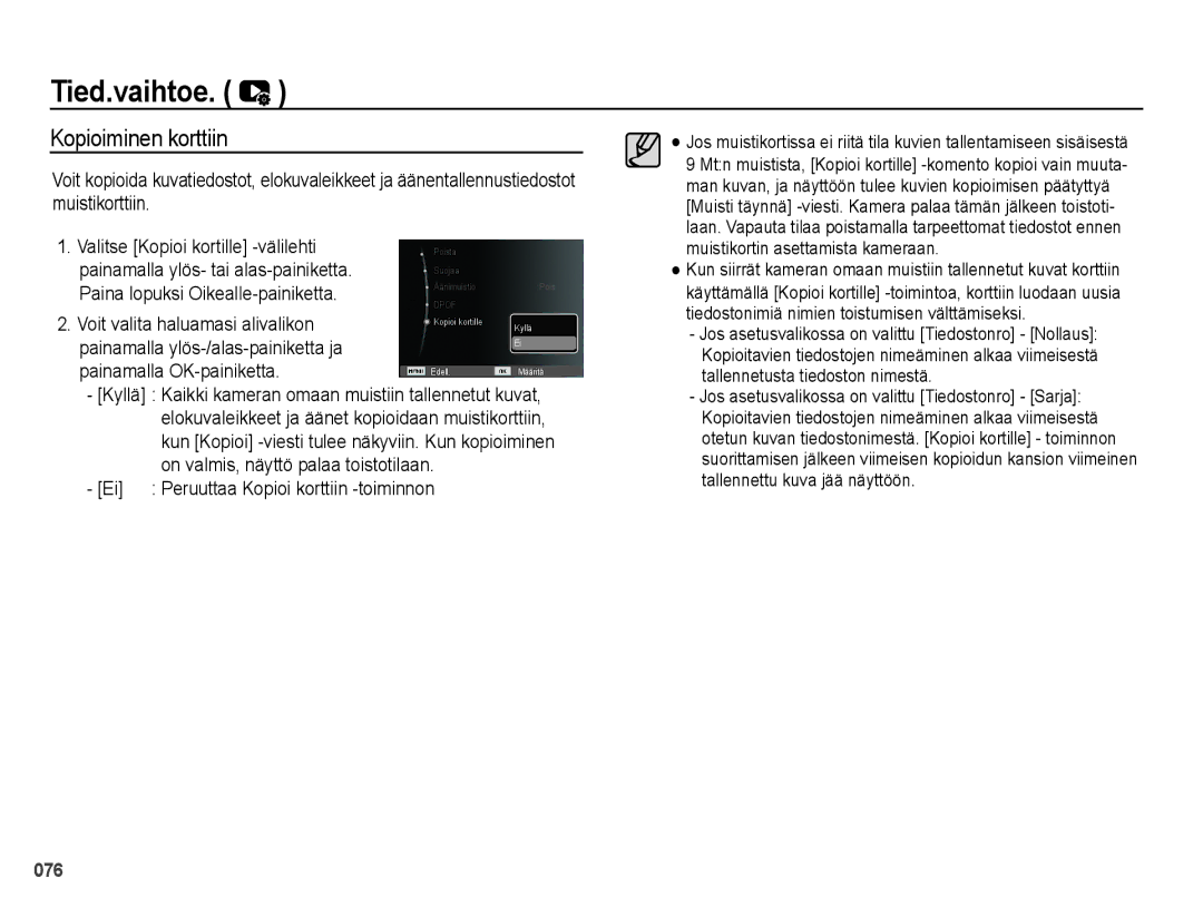 Samsung EC-PL50ZBBP/E2 manual Kopioiminen korttiin, Paina lopuksi Oikealle-painiketta, Painamalla ylös- tai alas-painiketta 