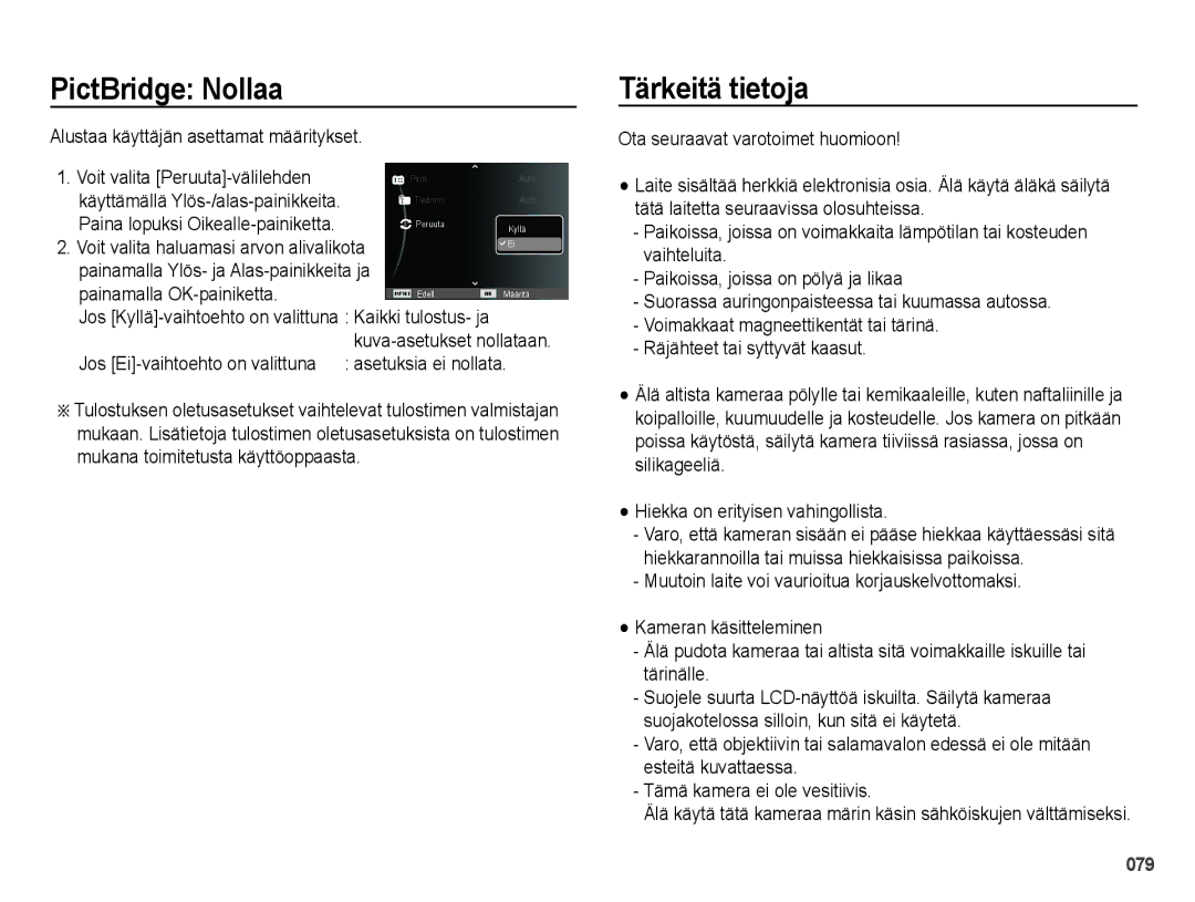 Samsung EC-PL50ZABP/E2 PictBridge Nollaa, Tärkeitä tietoja, Alustaa käyttäjän asettamat määritykset, Asetuksia ei nollata 