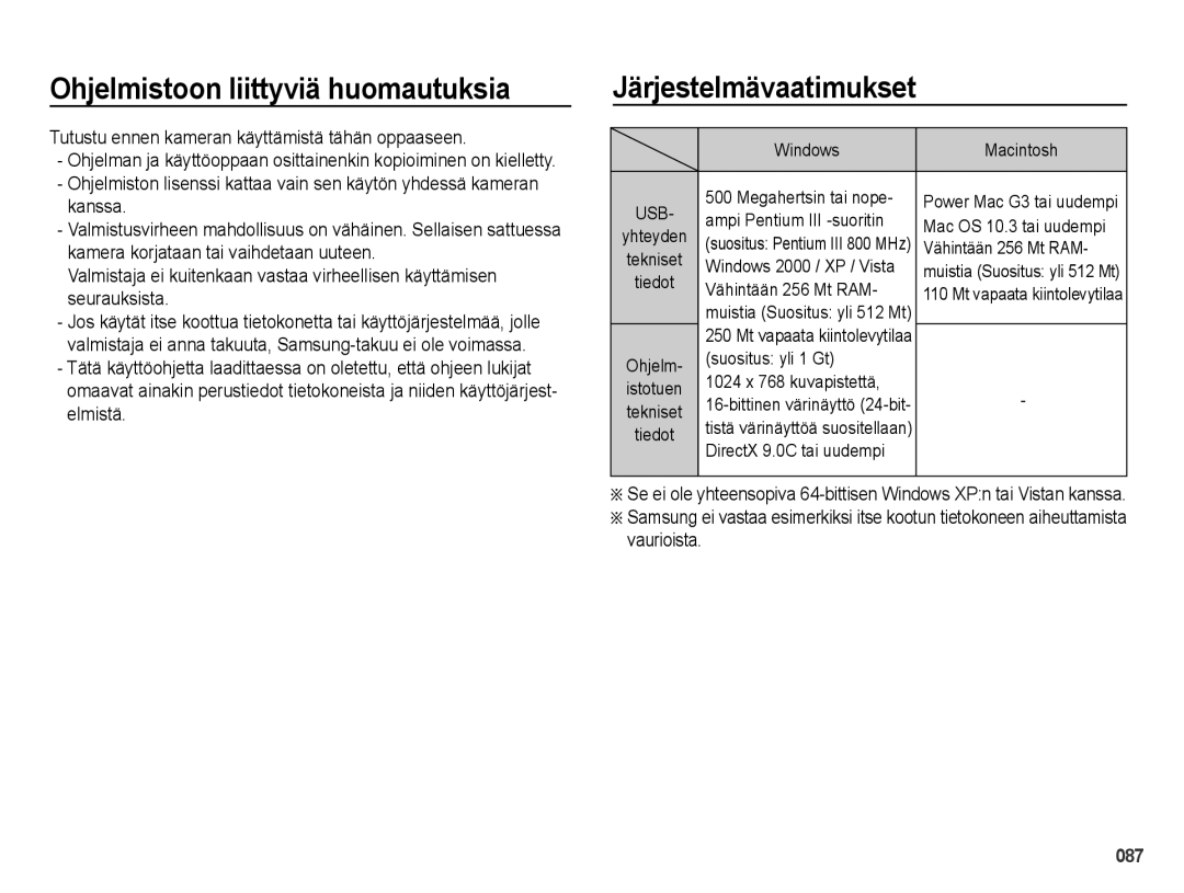 Samsung EC-PL50ZABP/E2, EC-PL50ZBBP/E2, EC-PL50ZSBP/E2 manual Ohjelmistoon liittyviä huomautuksia, Järjestelmävaatimukset 