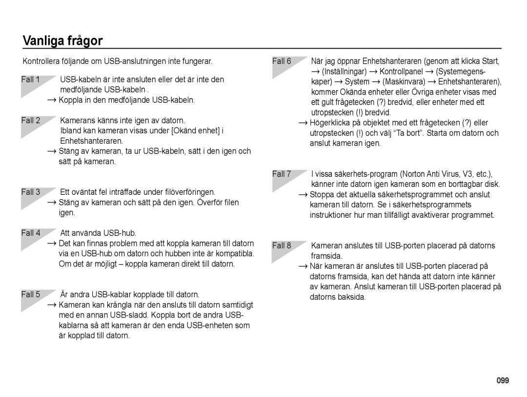 Samsung EC-PL50ZABP/E2, EC-PL50ZBBP/E2, EC-PL50ZSBP/E2, EC-PL50ZPBP/E2 manual Vanliga frågor 