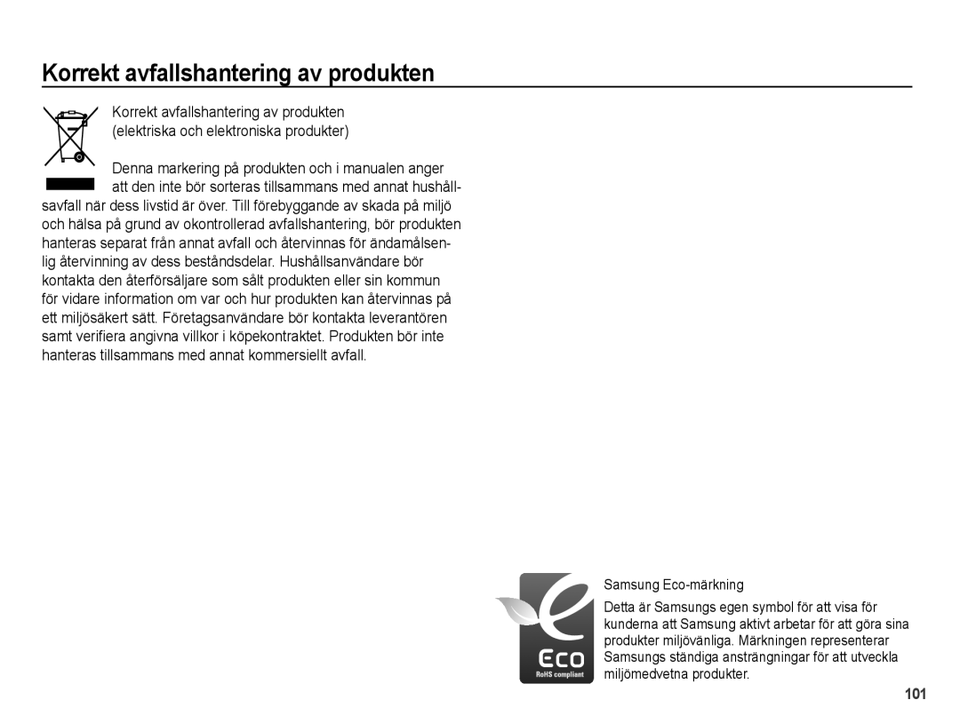 Samsung EC-PL50ZSBP/E2, EC-PL50ZABP/E2, EC-PL50ZBBP/E2 manual Korrekt avfallshantering av produkten, Samsung Eco-märkning 