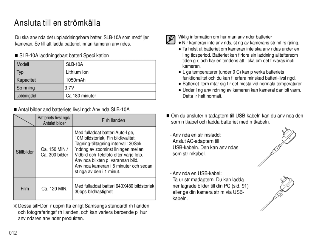 Samsung EC-PL50ZBBP/E2, EC-PL50ZABP/E2 manual Ansluta till en strömkälla, SLB-10A laddningsbart batteri Speciﬁkation 