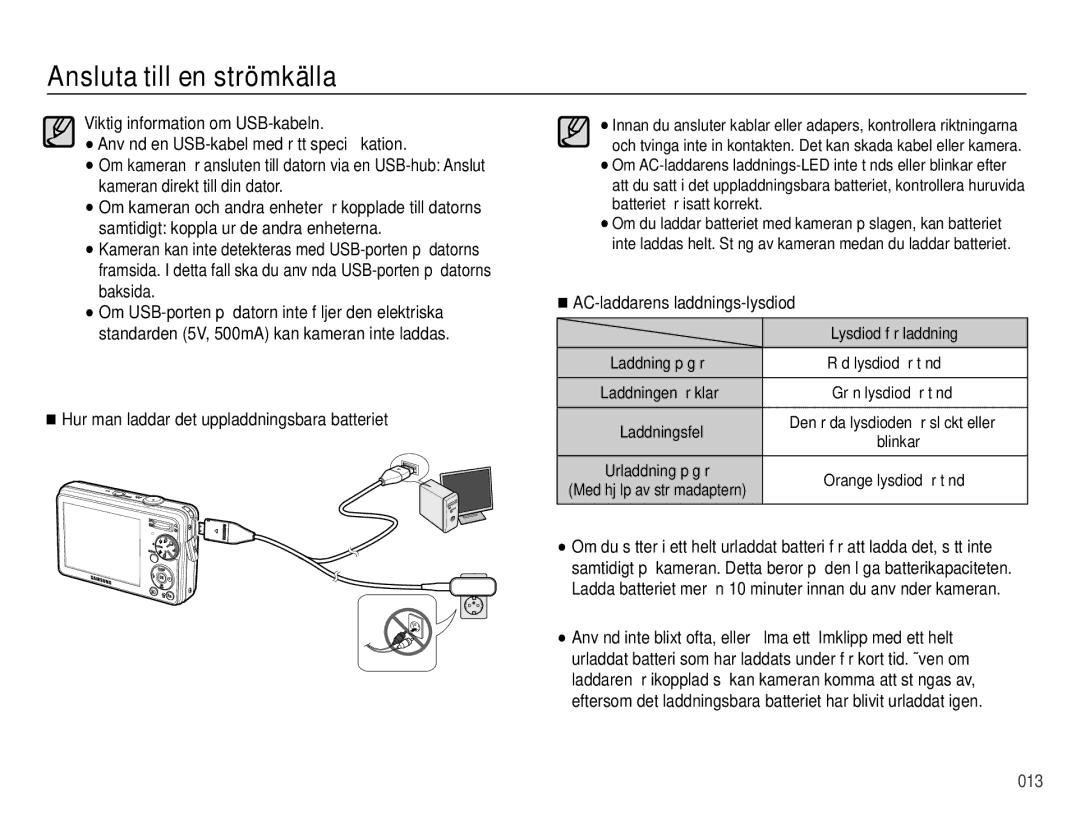 Samsung EC-PL50ZSBP/E2 Hur man laddar det uppladdningsbara batteriet, AC-laddarens laddnings-lysdiod, Lysdiod för laddning 