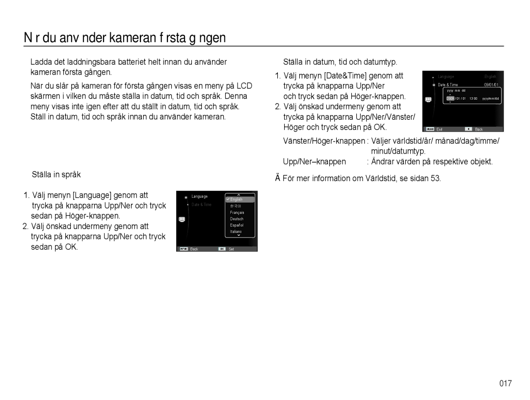 Samsung EC-PL50ZSBP/E2, EC-PL50ZABP/E2 Ställa in datum, tid och datumtyp, Minut/datumtyp, Upp/Ner-knappen, Ställa in språk 