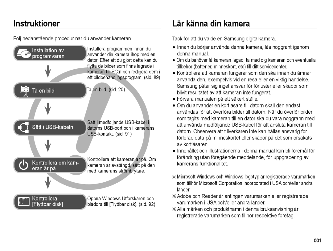 Samsung EC-PL50ZSBP/E2 manual Instruktioner, Lär känna din kamera, Följ nedanstående procedur när du använder kameran 