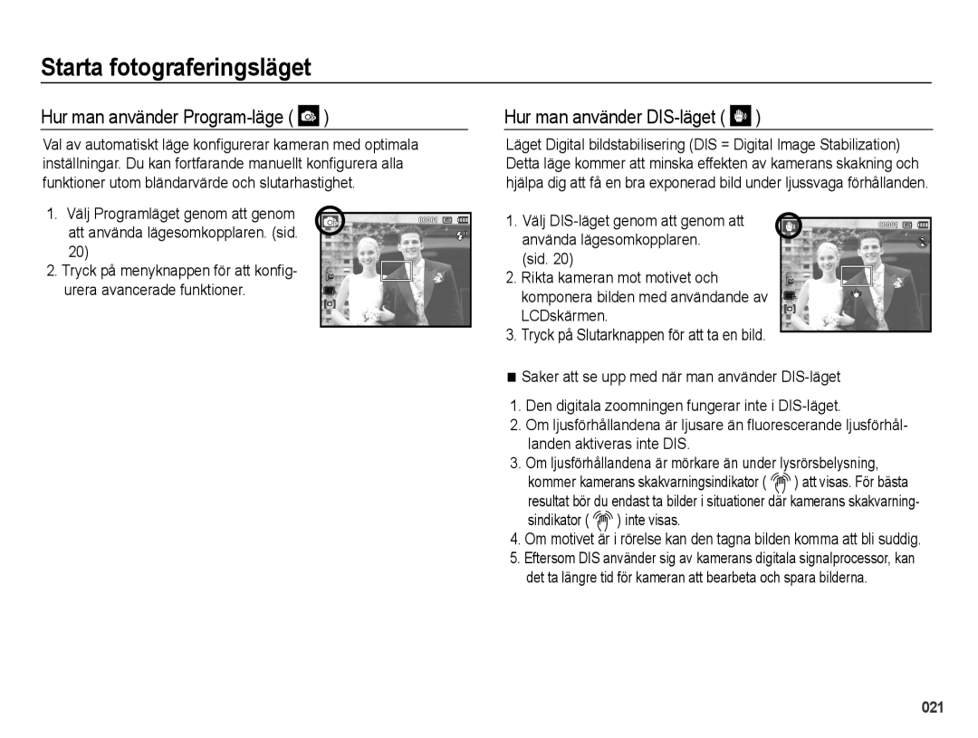 Samsung EC-PL50ZSBP/E2, EC-PL50ZABP/E2, EC-PL50ZBBP/E2 manual Hur man använder Program-läge, Hur man använder DIS-läget 