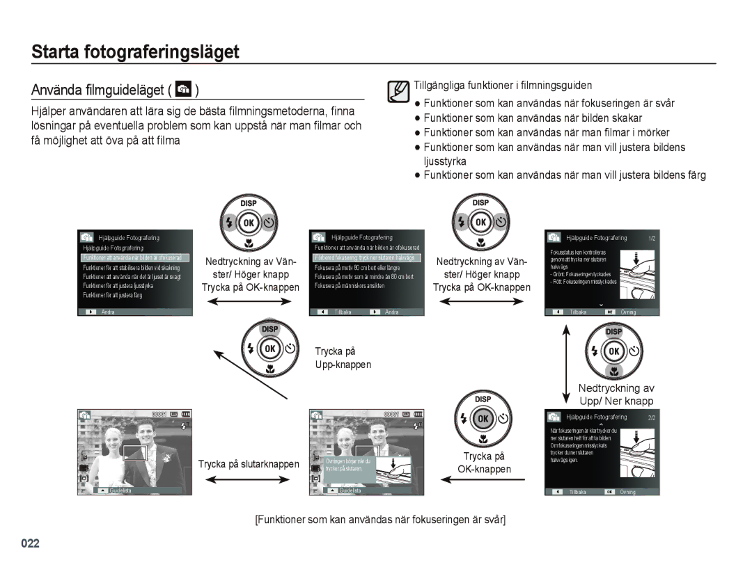 Samsung EC-PL50ZPBP/E2, EC-PL50ZABP/E2 manual Använda ﬁlmguideläget, Ster/ Höger knapp, Nedtryckning av Upp/ Ner knapp 