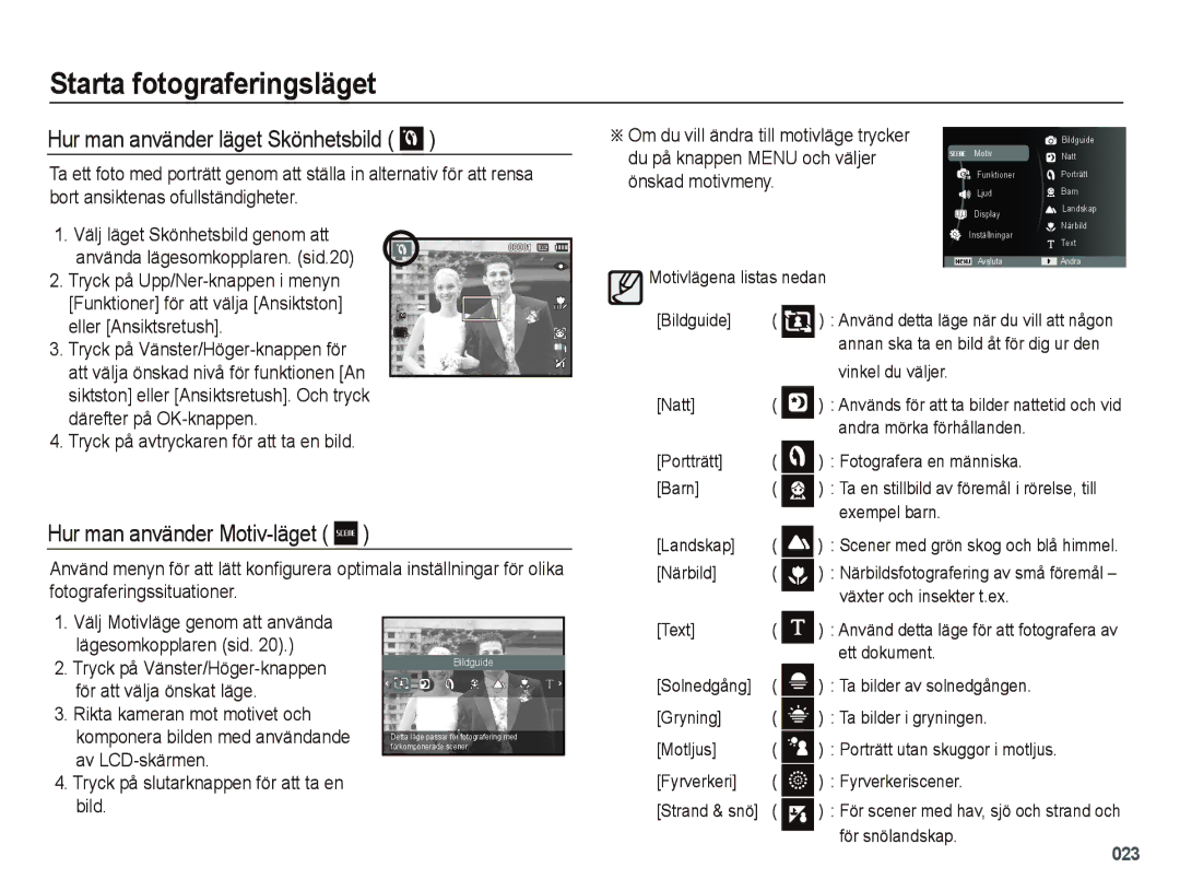 Samsung EC-PL50ZABP/E2 manual Hur man använder läget Skönhetsbild, Hur man använder Motiv-läget, Eller Ansiktsretush 