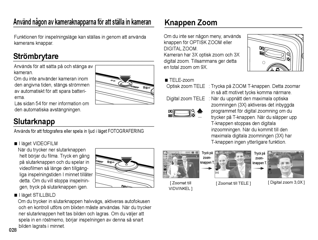 Samsung EC-PL50ZBBP/E2, EC-PL50ZABP/E2, EC-PL50ZSBP/E2, EC-PL50ZPBP/E2 manual Strömbrytare, Slutarknapp, Knappen Zoom 