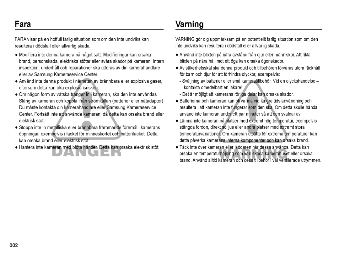 Samsung EC-PL50ZPBP/E2, EC-PL50ZABP/E2, EC-PL50ZBBP/E2, EC-PL50ZSBP/E2 manual Fara, Varning 