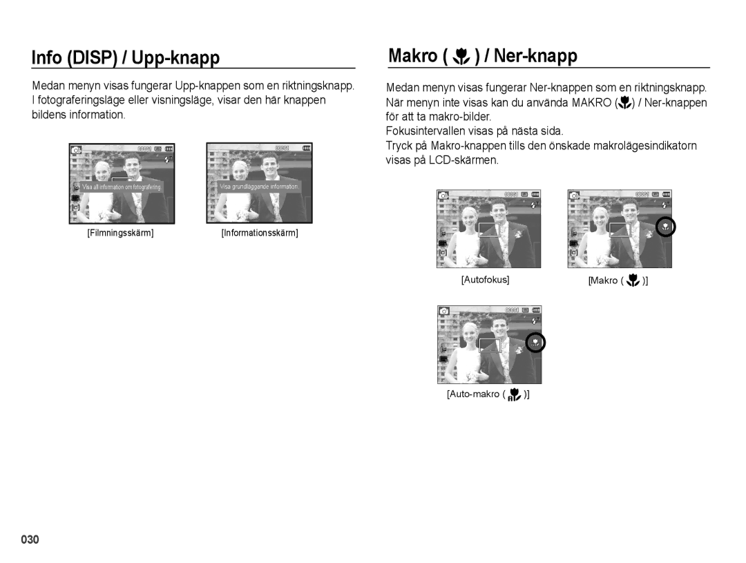 Samsung EC-PL50ZPBP/E2, EC-PL50ZABP/E2, EC-PL50ZBBP/E2, EC-PL50ZSBP/E2 manual Info Disp / Upp-knapp, Makro / Ner-knapp 