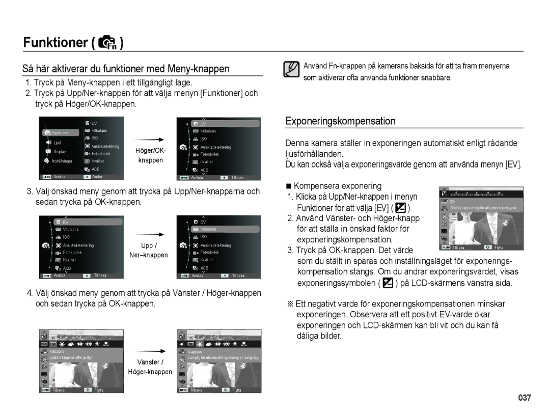 Samsung EC-PL50ZSBP/E2 manual Så här aktiverar du funktioner med Meny-knappen, Exponeringskompensation, Exponeringssymbolen 