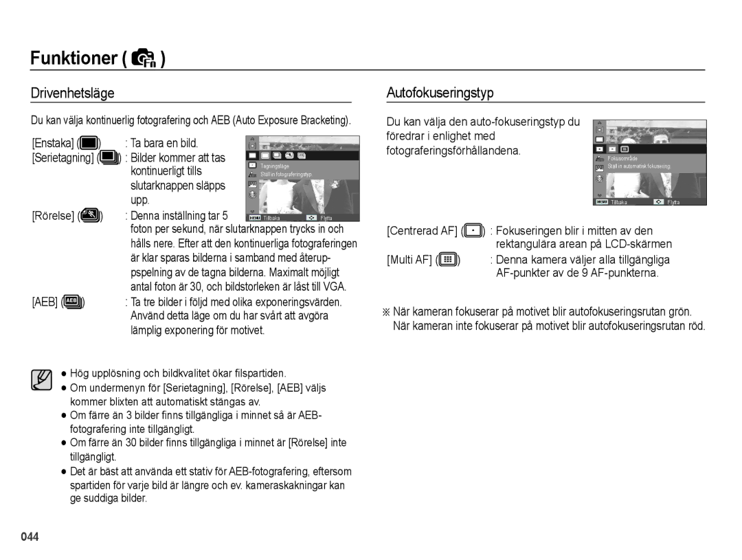 Samsung EC-PL50ZBBP/E2, EC-PL50ZABP/E2, EC-PL50ZSBP/E2, EC-PL50ZPBP/E2 manual Drivenhetsläge, Autofokuseringstyp 