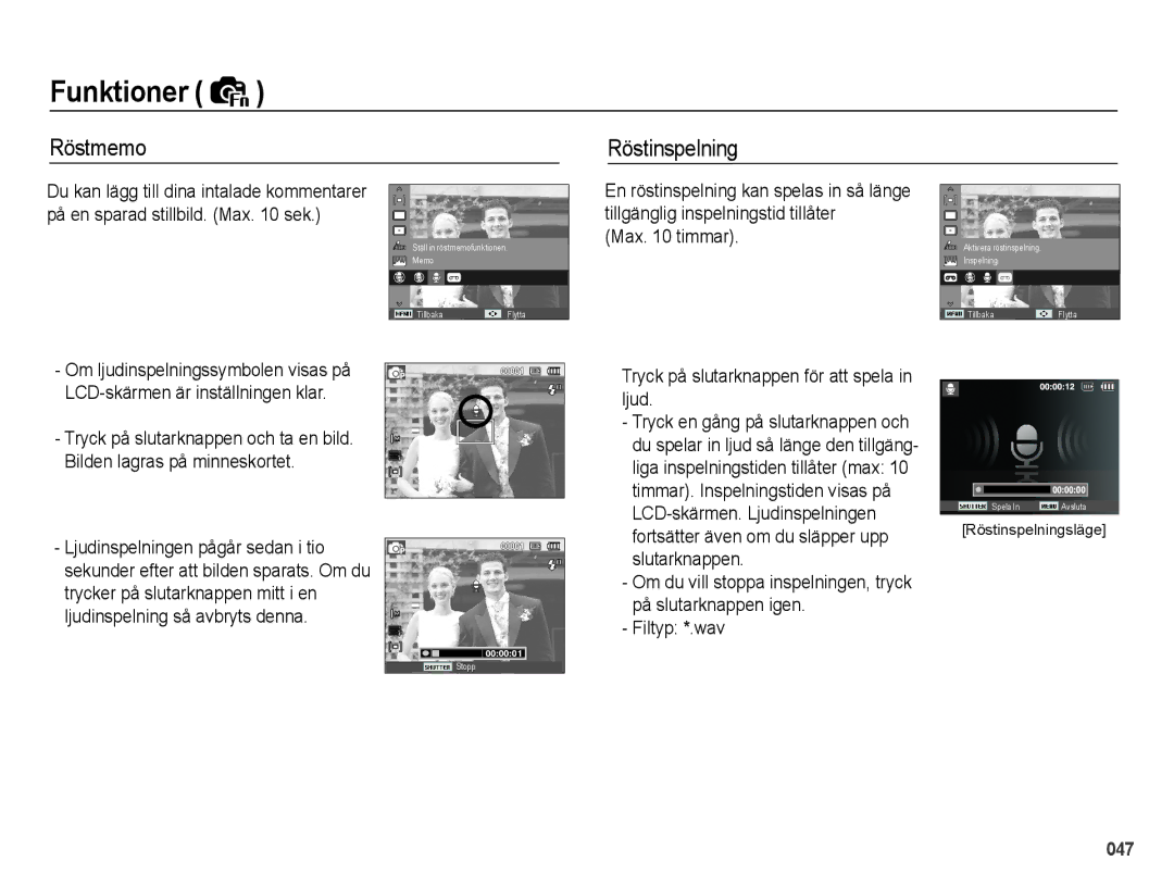 Samsung EC-PL50ZABP/E2, EC-PL50ZBBP/E2, EC-PL50ZSBP/E2, EC-PL50ZPBP/E2 manual Röstmemo, Röstinspelning 