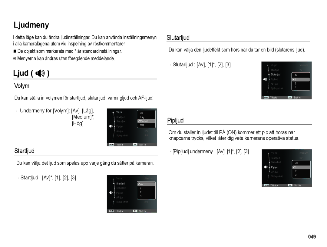 Samsung EC-PL50ZSBP/E2, EC-PL50ZABP/E2, EC-PL50ZBBP/E2, EC-PL50ZPBP/E2 manual Ljudmeny, Ljud  