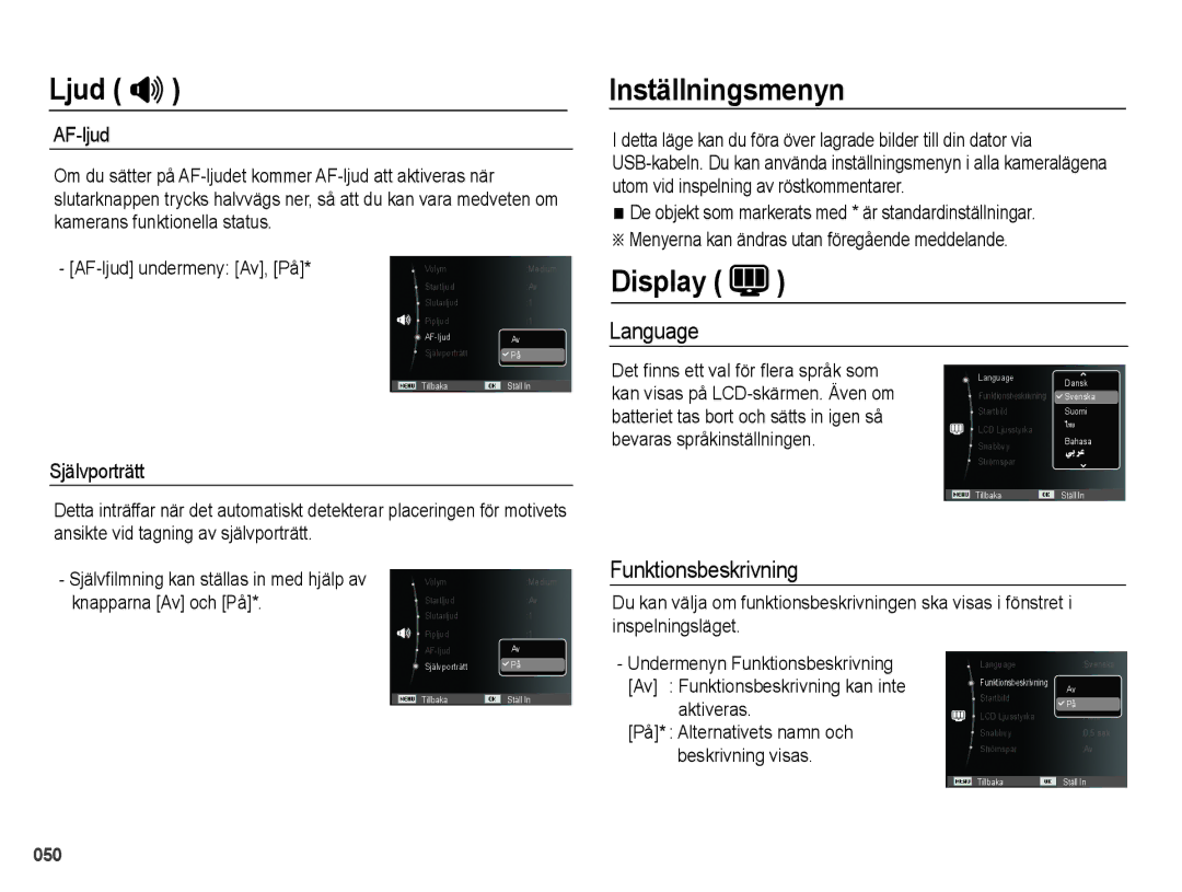 Samsung EC-PL50ZPBP/E2, EC-PL50ZABP/E2, EC-PL50ZBBP/E2 manual Inställningsmenyn, Display, Language, Funktionsbeskrivning 