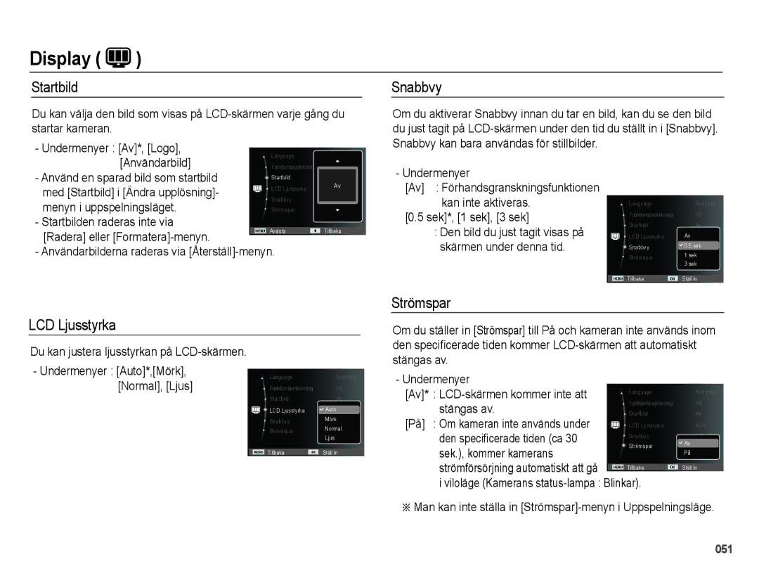 Samsung EC-PL50ZABP/E2, EC-PL50ZBBP/E2, EC-PL50ZSBP/E2, EC-PL50ZPBP/E2 manual Startbild, Snabbvy, Strömspar, LCD Ljusstyrka 