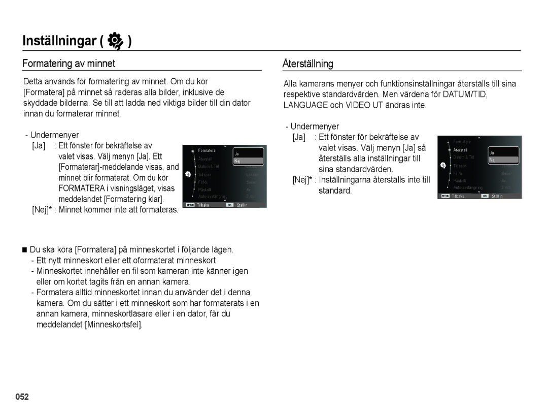 Samsung EC-PL50ZBBP/E2, EC-PL50ZABP/E2, EC-PL50ZSBP/E2, EC-PL50ZPBP/E2 Inställningar, Formatering av minnet, Återställning 