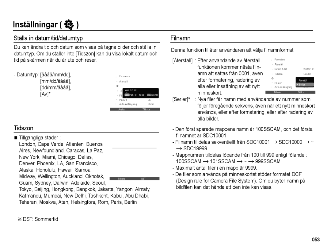 Samsung EC-PL50ZSBP/E2, EC-PL50ZABP/E2, EC-PL50ZBBP/E2, EC-PL50ZPBP/E2 manual Ställa in datum/tid/datumtyp, Filnamn, Tidszon 