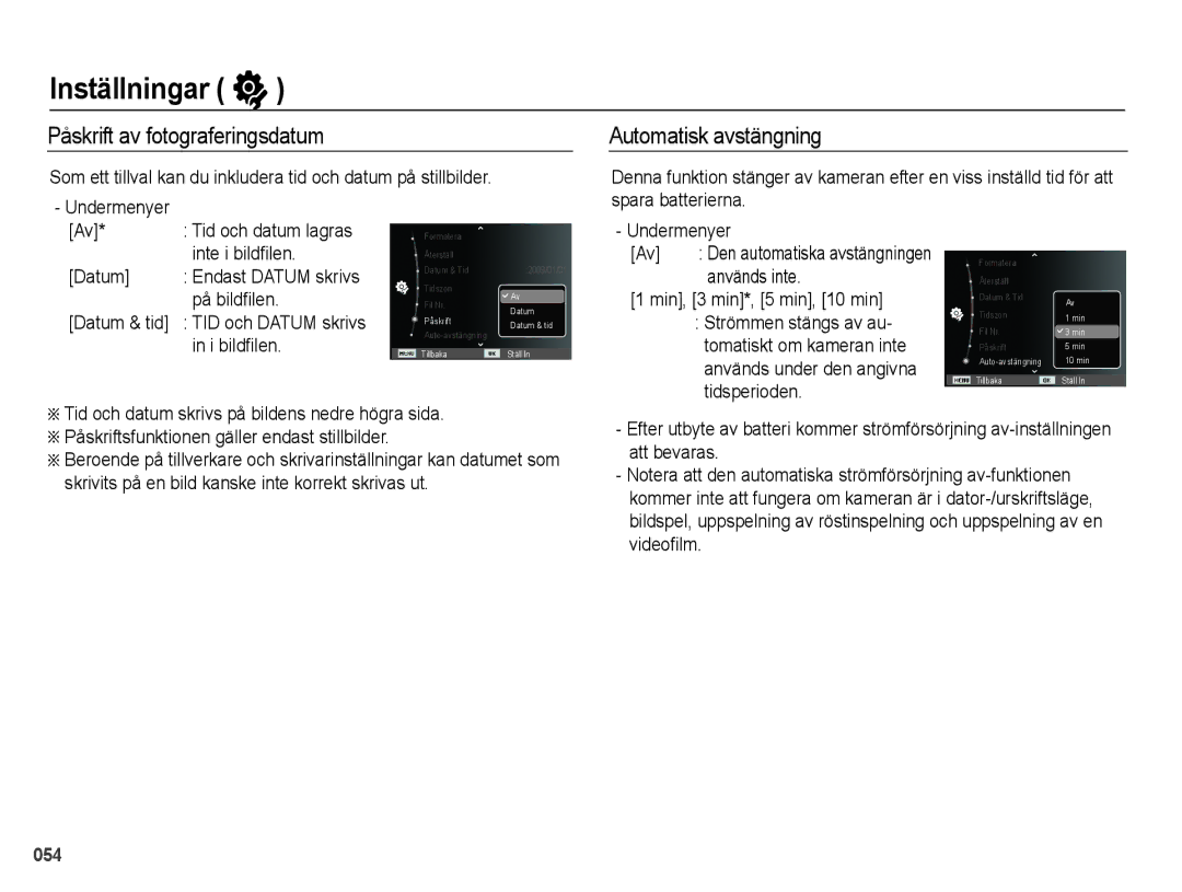 Samsung EC-PL50ZPBP/E2, EC-PL50ZABP/E2, EC-PL50ZBBP/E2 manual Påskrift av fotograferingsdatum, Automatisk avstängning 