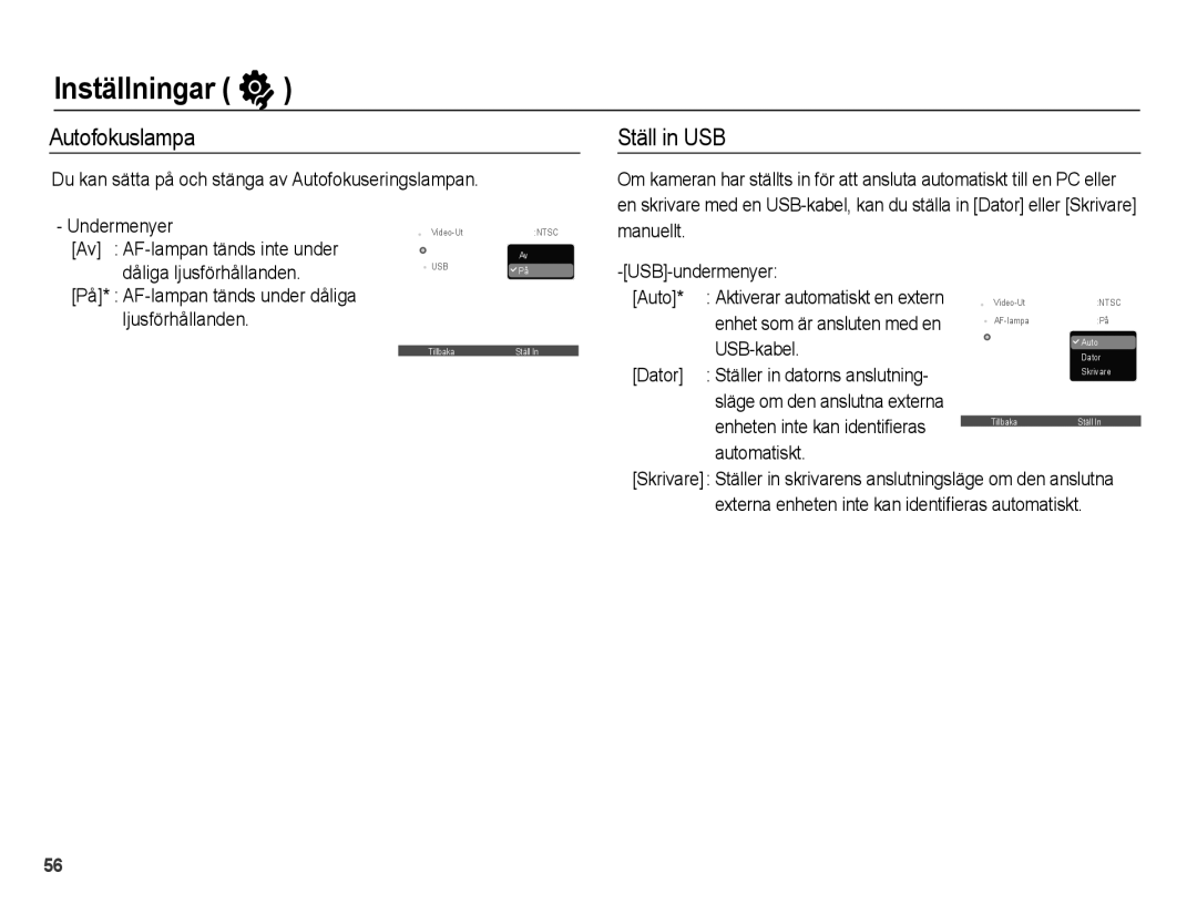 Samsung EC-PL50ZBBP/E2, EC-PL50ZABP/E2, EC-PL50ZSBP/E2, EC-PL50ZPBP/E2 manual Autofokuslampa, Ställ in USB 